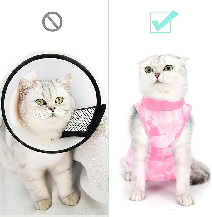 Cat Recovery Suit for Male and Female Surgical Post Surgery Soft Cone Onesie Tie Dye Cats Shirt Clothes Neuter Licking Protective Diapers Outfit Cover Kitten Spay Collar Alternative(Pink, M)-PawvioPets