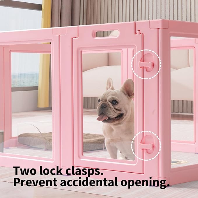 DIY Clear Acrylic Dog Playpen House,Quick Easy Assembly and Disassembly,Strong Floor Suction,Indoor and Outdoor Use,Easy Cleansing Puppy Fence (Sakura Pink, 23.6" H, 12PCS)-PawvioPets