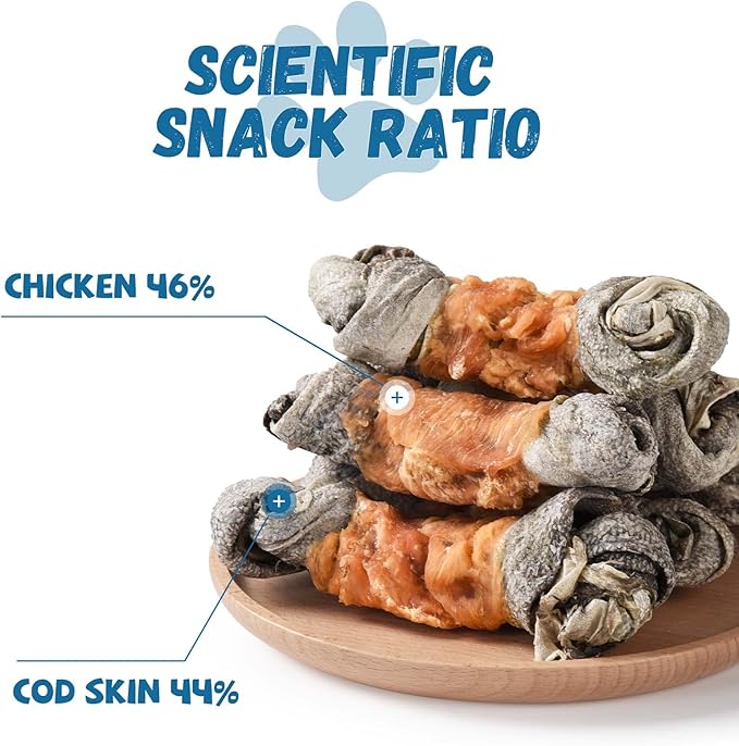 Dog Treats Chicken Wrapped Cod Skin Knotted Bones-6.5", All-Natural Healthy Fish Skin Dog Chew Treats, Rich in Omega-3 Protein, 4 Counts, 10.6 OZ-PawvioPets