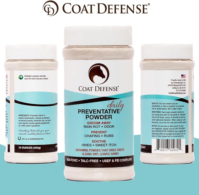 COAT DEFENSE Daily Preventative Powder for Horses - Safe & Effective Equine Skin Conditioner Sweet Itch, Skin Funk, & Rain Rot - Dry Horse Shampoo, 16 oz Formula with All Natural Ingredients-PawvioPets