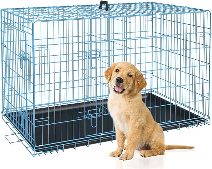 BestPet | Dog Crate | 30" | Blue | Foldable Metal Kennel with Double Doors, Secure Slide-Bolt Latches, Leakproof Tray | Portable Dog Cage for Small Breeds | for Travel, Indoor & Outdoor Use-PawvioPets