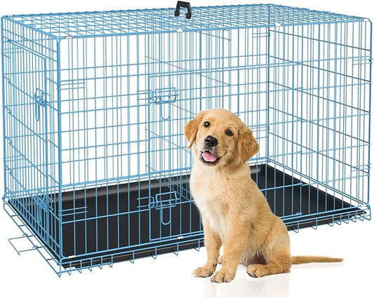 BestPet | Dog Crate | 30" | Blue | Foldable Metal Kennel with Double Doors, Secure Slide-Bolt Latches, Leakproof Tray | Portable Dog Cage for Small Breeds | for Travel, Indoor & Outdoor Use-PawvioPets