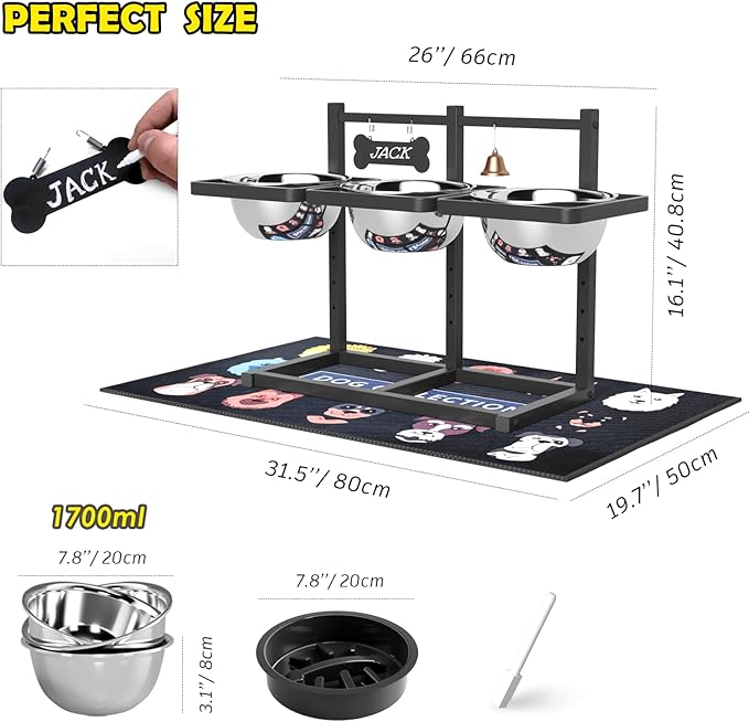 Elevated Dog Bowl Stand for Medium/Large Dogs with Slow Feeder & Mat, Adjustable Height 3.9'',5.5'',7.1'',8.7'',10.2'',11.8'', 58oz Raised Triple Dog Food Water Bowls-PawvioPets