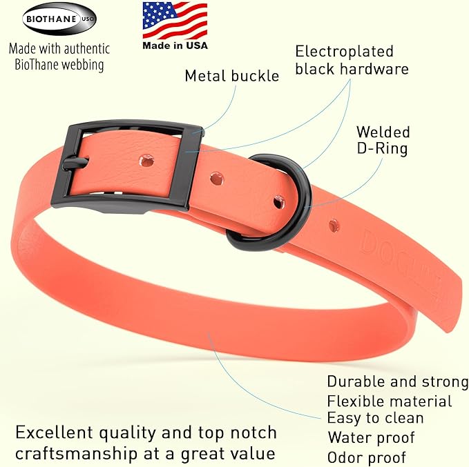 Dogline Biothane Waterproof Dog Collar Strong Coated Nylon Webbing with Black Hardware Odor- Proof for Easy Care Easy to Clean High Performance Fits Small Medium or Large Dogs, Coral-PawvioPets