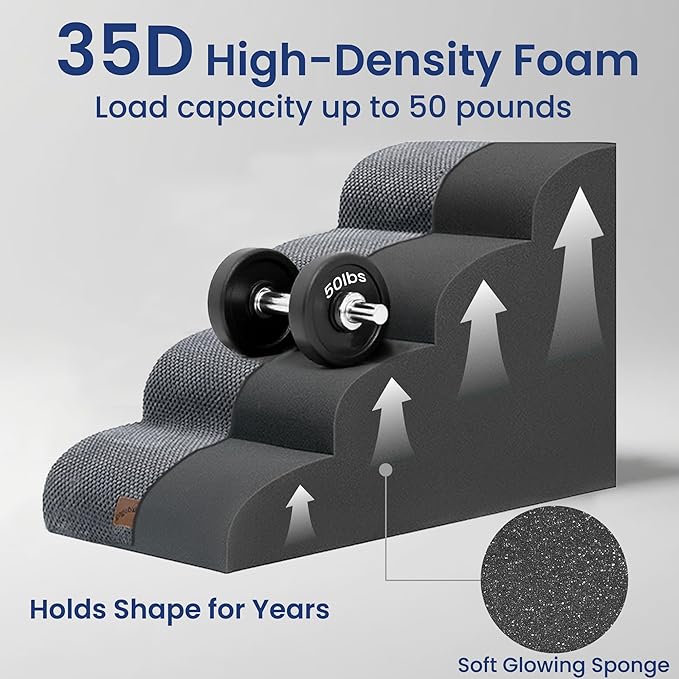GoGoBunny Waterproof High Density Foam Curved Dog Stairs for High Beds Couches 19.7" H, 4-Step Ramp Dog Steps Friendly to Small Medium Dogs or Pets Joints, Non-Slip Balanced Durable Pet Step, Grey-PawvioPets