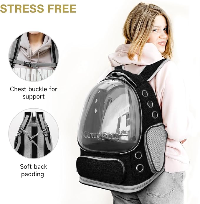 Cat Backpack Carrier, Breathable Cat Carrier Large Space Bubble Pet Backpack for Kitty Small Dog up to 12lbs, Transparent & Foldable Pet Carrier for Travel Hiking (Black-PawvioPets