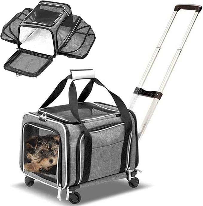 Airline Approved Expandable Premium Pet Carrier on Wheels- Two Sided Expandable Rolling Carrier- Designed for Dogs & Cats- Extra Spacious Soft Lined Carrier! (Grey)-PawvioPets