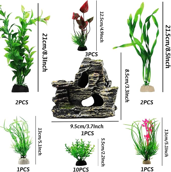 Fish Tank Accessories Aquarium Decorations Rock Plants, 20pcs Green Fish Tank Decorations Plants and Cave Rock Decoration Decor Set, Fish Tank Decor, Aquarium Decor Plastic Plants-PawvioPets