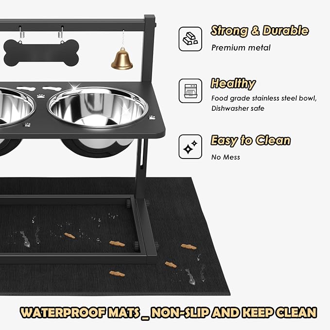 Elevated Dog Bowls with Slow Feeder and Spill Proof Mat, Adjustable Height 4.3-11.8'', Two 1.7L Stainless Steel Food & Water Bowls, Metal Raised Dog Bowl Stand, for Large Medium Breeds-PawvioPets