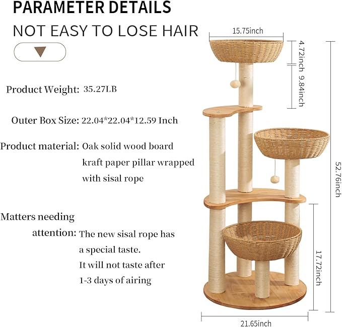 54" Modern Cat Tree Tower for Indoor Cats, Oak Cat Scratching Tree for Multiple Large Cats, Manual Hand Woven Luxury Cat Condo, Unique High-end Design Cat Furniture Activity Centre, Easy Clean-PawvioPets