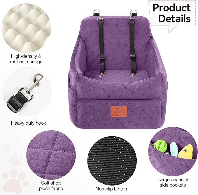 Dog Car Seat for Small/Medium Dogs, Dog Booster Car Seats with Thick Cushion for Dogs Under 35lbs, Detachable Washable Pet Carseat with Storage Pockets, 2 Safety Belts(Purple)-PawvioPets