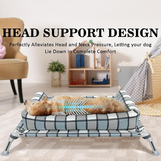 Elevated Raised Dog Bed Cot - Cooling Raised Dog Beds with Bolster Portable Washable Pet Cot Bed with Metal Frame Dogs Hammock Bed for Indoor & Outdoor-PawvioPets