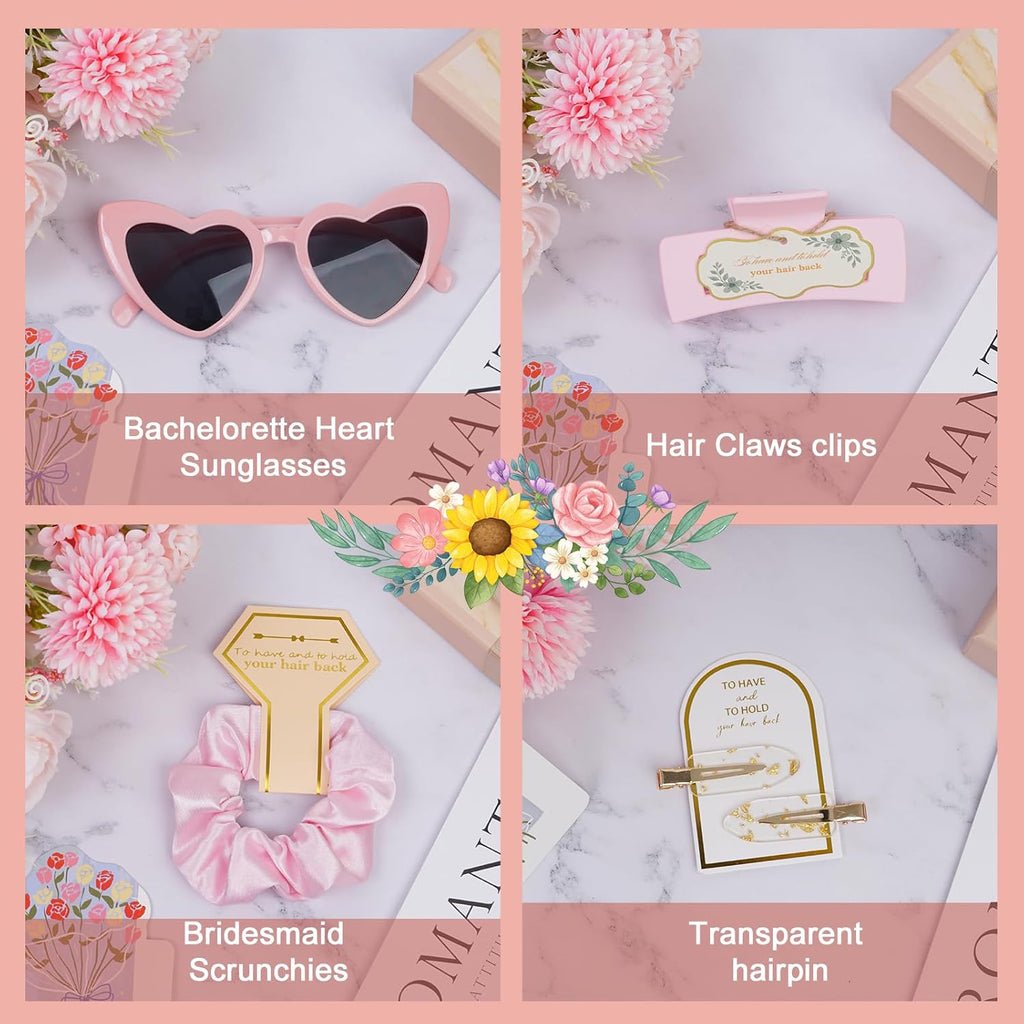 Pink Bridesmaid Gift Set for Proposal, 8PCS Hair Claw, Scrunchies, Makeup Clips & Heart Sunglasses – Bachelorette Party Favors, Bridal Shower & Teen Birthday Gifts