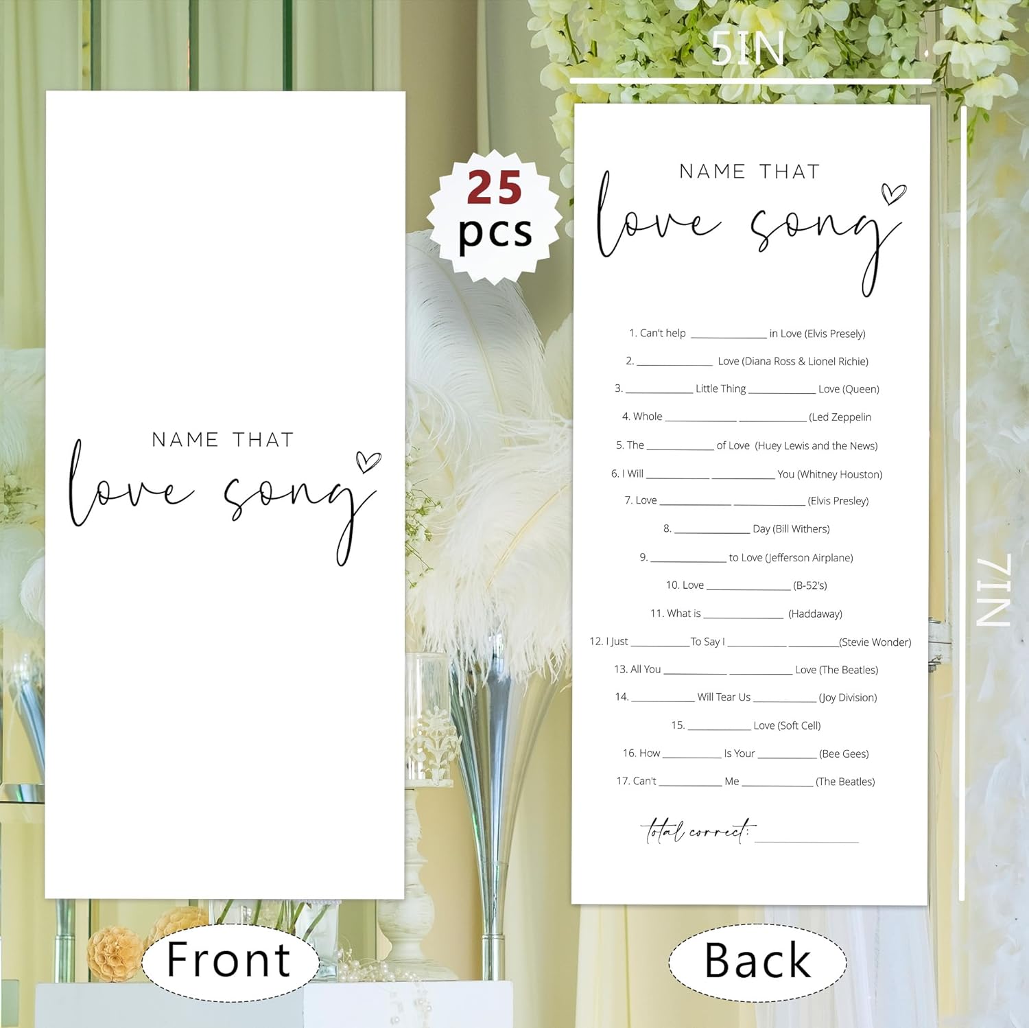 Bridal Shower Games, Name that Love Song, 25Pcs 4x9inch Minimalist White Double-Sided Bridal Game Cards with 1 Answer Key, Wedding Shower Games for Guests, Engagement Bachelorette Party Supplies - A06