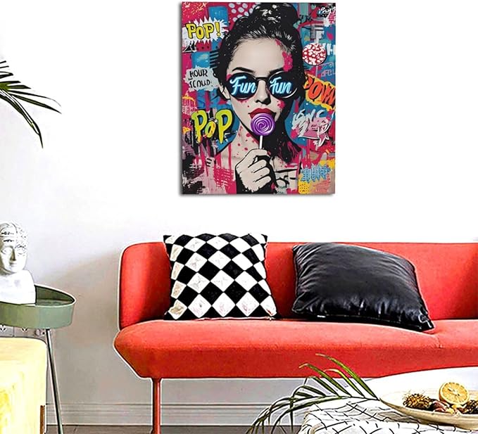 Fashion Women Wall Art Glam Modern Artwork for Girls Banksy Street Graffiti Pop Art Canvas Pictures Painting Print Framed Decorations Gifts for Bedroom Living Room Office 16"x20"-PawvioPets