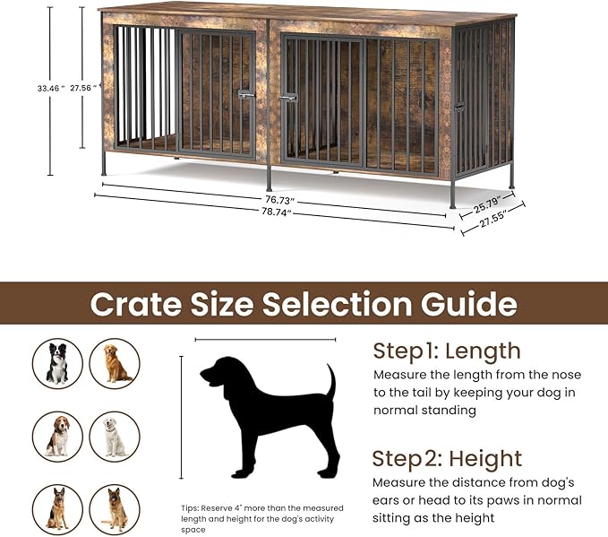 Dog Crate Furniture 78" for 2 Dogs Sturdy Heavy Duty Dog Kennel Solid Metal Tube Thick Wooden with 3 Lockable Doors XXL Double Dog Cage Large Breed as End Table for Large Dogs Rustic Brown-PawvioPets