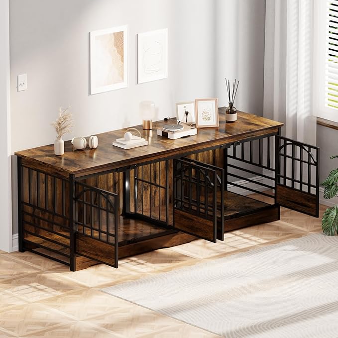 COZPAW 86 Inch Double Dog Crate Furniture for 2 Large Dogs, Decorative Dog Kennel Indoor TV Stand, Heavy Duty Wooden Dog Cage for Large Medium Dogs Sized Dog Pet House with Divider (Brown)-PawvioPets