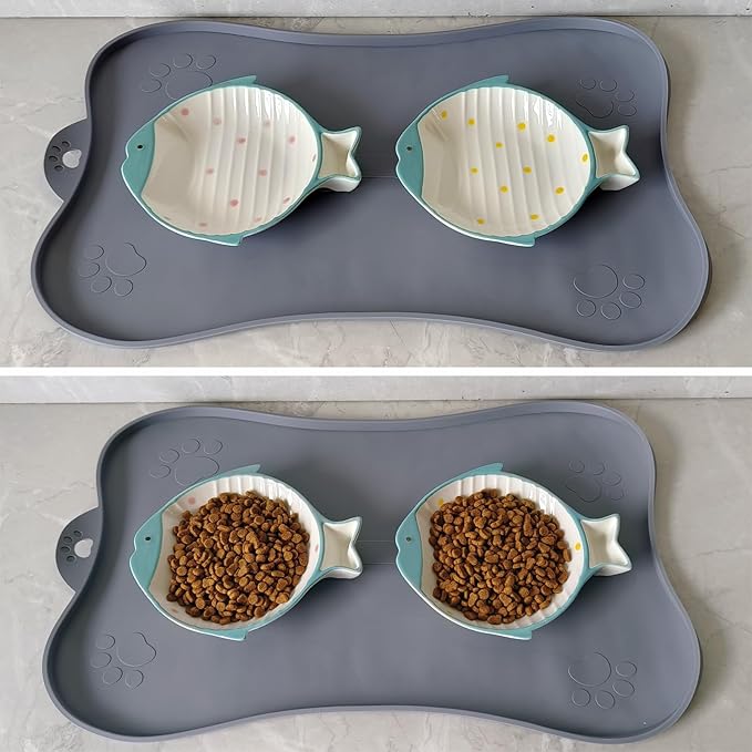 Double Whisker Friendly Ceramic Cat Food Dishes, Cute Shallow Anti Whisker Fatigue Wide Cat Bowl for Indoor Cats, Whisker Relief Flat Cat Plates for Wet Food, Small Pet Kitten Feeding Dish-PawvioPets