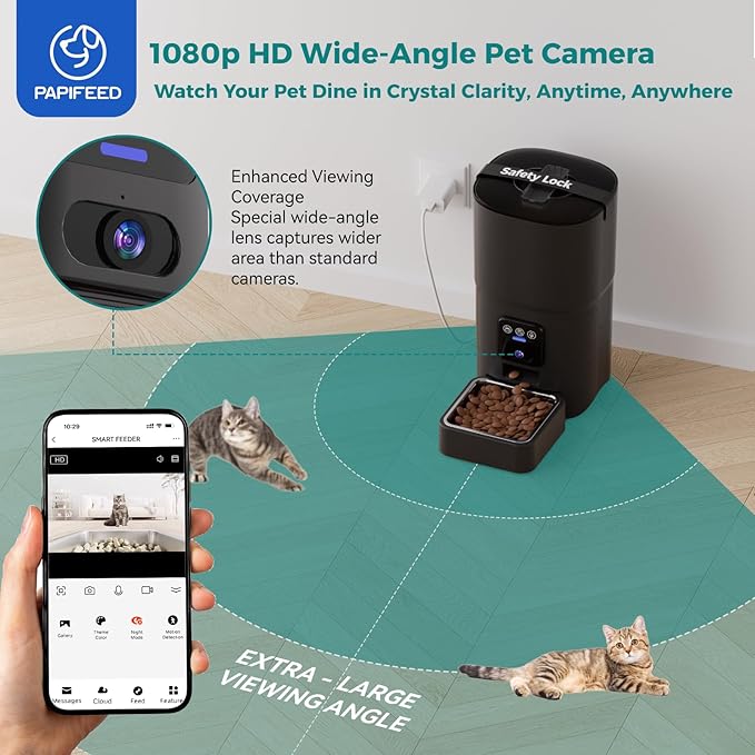 Automatic Cat Feeder,Camera 1080P HD - 6L Pet Feeder, 2.4/5G WiFi Smart App Control, Bluetooth Assist Link,Wide-Angle Lens,Automatic Feeder for Small and Medium-Sized Pets-PawvioPets