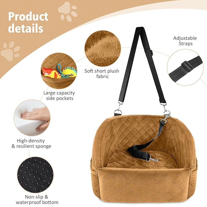 Dog Car Seat for Small Medium Dogs,Detachable Washable Dog Booster Seat Under 30lbs,Pet Car Seat Travel Bed with Storage Pockets and Dog Safety Belt（Brown-PawvioPets