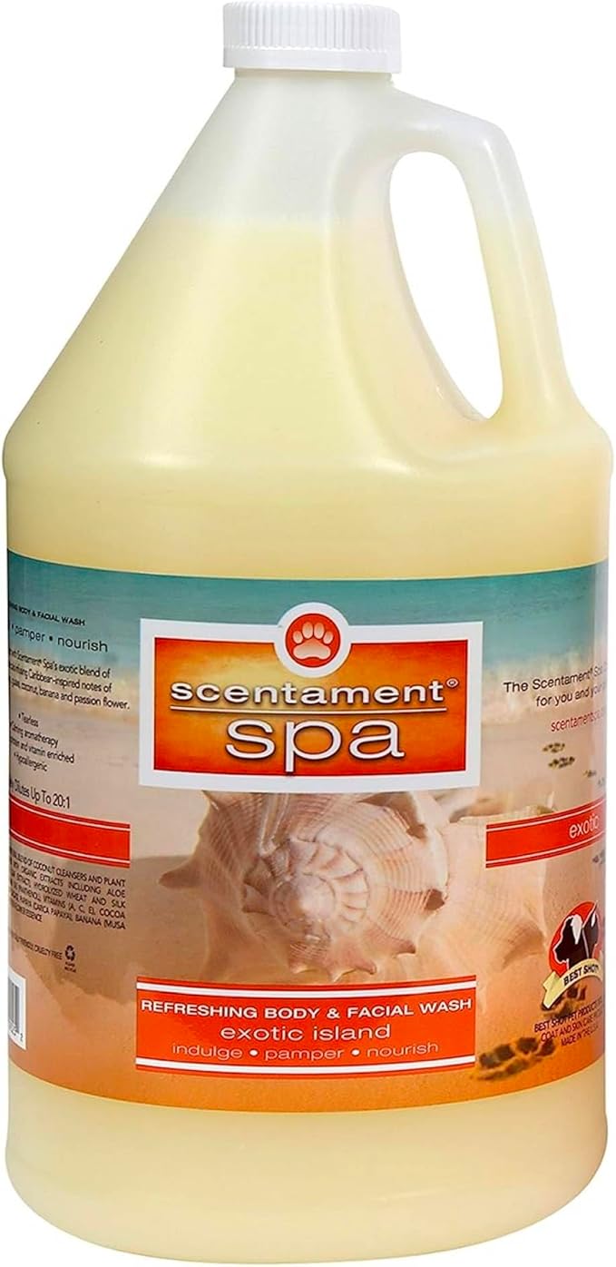 Best Shot Scentament Spa Seasonal Body and Facial Wash, Tearless Shampoo, Hypoallergenic Body Wash, Removes Tear Stains, Exotic Island, 1 Gallon-PawvioPets
