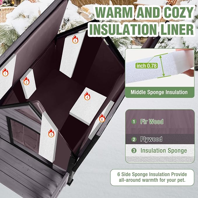 Dog House Outdoor Insulated for Winter, Puppy Kennel with Anti-Chewing Iron Frame, Weatherproof Dog Crate with Insulated Liner for Small Medium Large Dogs (Grey, 45" x 32.9" x 32.6")-PawvioPets