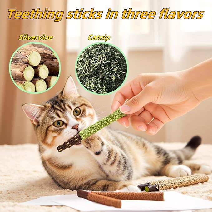 Cat Toys 3Pack Silvervine Chew Stick Kitten Treat Catnip Toy Kitty Natural Stuff Catnip for Cleaning Teeth Indoor Dental Snack Interactive-PawvioPets