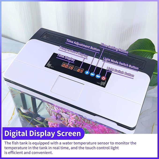 Glass Aquarium Fish Tank Starter Kit with Temperature and Time Display for Betta Fish Featuring Crystal Clear 360° Viewing, Eco-Cycle Filtration, Air Pump 12 Gallon-PawvioPets