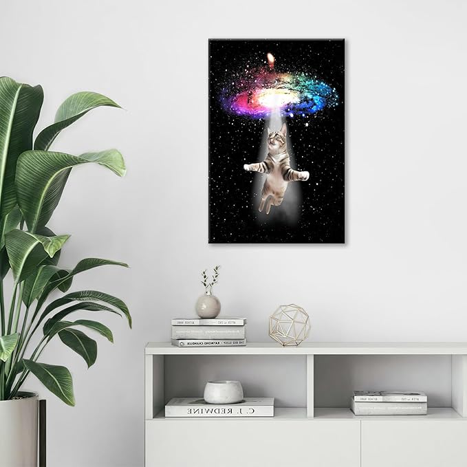 Funny Cat Wall Art Canvas Galaxy Wall Decor Prints Framed Painting Animal Pictures Gifts Artwork for Bathroom Living Dining Kitchen 16"x24"-PawvioPets