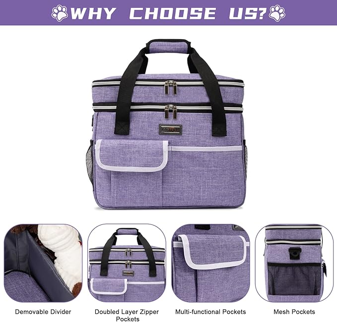 BAGLHER Dog Travel Bag for Supplies - Double-Layer Airline Approved Weekend Pet Travel Organizer Set for Dog and Cat Tote with 2 Pet Food Containers and 2 Collapsible Silicone Bowls Purple-PawvioPets