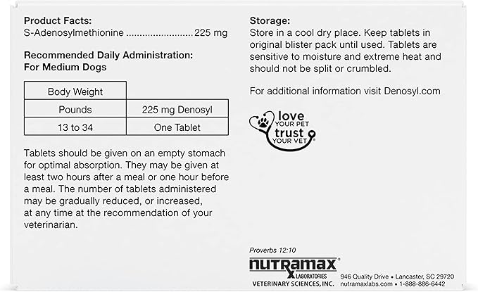 Nutramax Denosyl Liver and Brain Health Supplement for Medium Dogs - With S-Adenosylmethionine (SAMe), 30 Tablets-PawvioPets