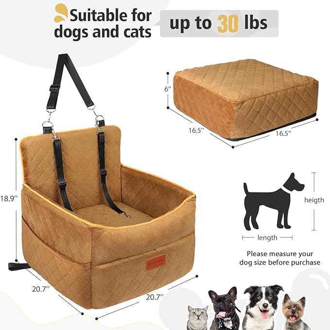 Dog Car Seat for Small Medium Dogs, Memory Foam Dog Booster Seats with Thick Cushion for Dogs Under 35lbs, Detachable Washable Pet Car Seat Travel Bed with Storage Pockets,2 Safety Belt-PawvioPets