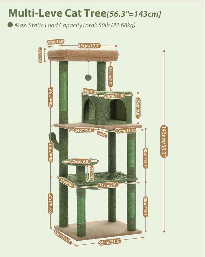 Cactus Cat Tree for Large Cats with Metal Plush Big Hammock, 56.3" Cat Tower for Indoor Cats with 2 Door Condo House, 6-Tier Cat Shelves with Scratching Posts and Large Top Perch,Green-PawvioPets