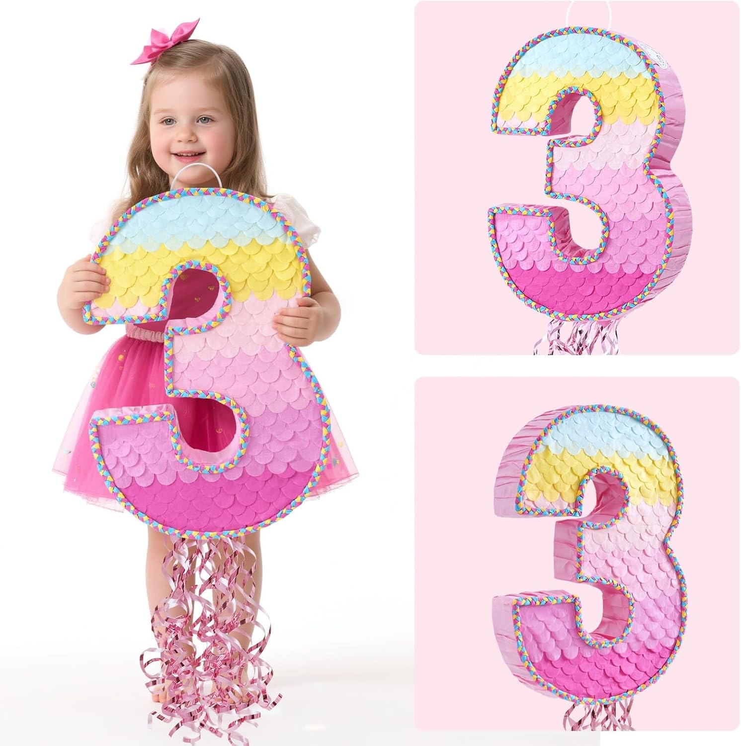 WERNNSAI Pink Sweet Three Pinata - Number 3 Pinata Happy Birthday Decoration Pink Rainbow Design Party Games for Girl Princess Baby Shower Party Favor with Blindfold Anniversary Celebration Supplies
