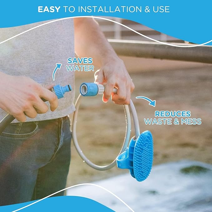 Aquapaw 5-in-1 Horse & Dog Bath Brush & Curry Comb - XL Blue Silicone - Includes 3-ft Shower Hose Attachment & Adapter - Adjustable Spray Scrub Massager - Dog Grooming Supplies-PawvioPets