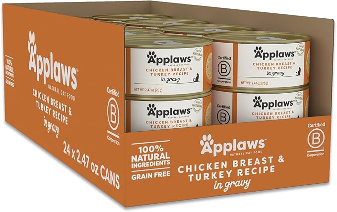Applaws Natural Wet Cat Food in Gravy, Limited Ingredient Canned Cat Food, Wet Food for Cats with No Artificial Additives, Chicken Breast & Turkey in Gravy (24 x 2.47 oz Cans)-PawvioPets