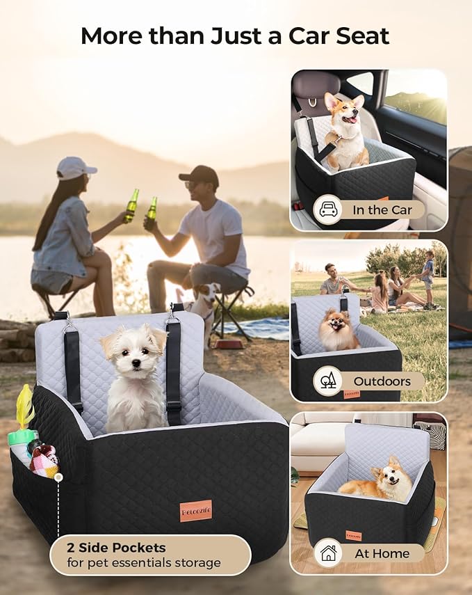 Dog Car Seat for Small & Medium Dogs Under 35lbs, Detachable & Washable Pet Car Seat, Interior Height 6 Inches Pet Travel Bed with Storage Pockets and 2 Dog Safety Belts (Black/Gray)-PawvioPets