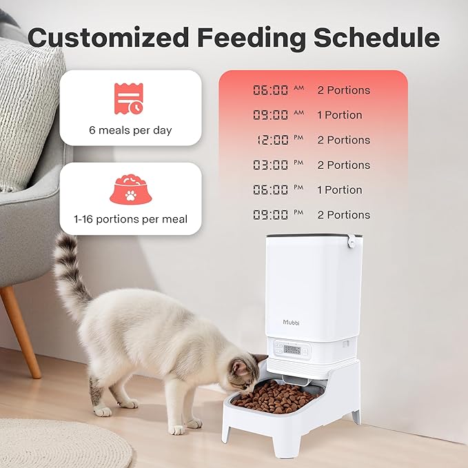 Automatic Cat Feeders, 7L/29 Cups Automatic Dog Feeder, Cat Food Dispenser, No-Jam Rotor, Up to 6 Meals for 2-15 mm Dry Food, with Elevated Stand, Stainless Steel Bowl-PawvioPets