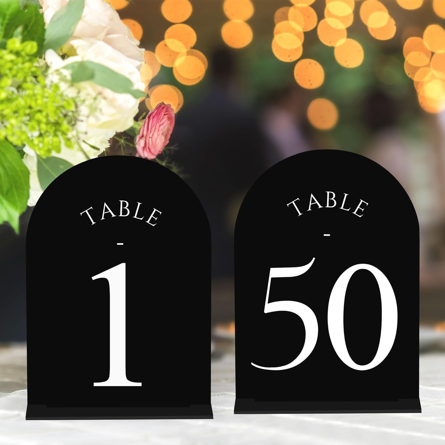JOYIT Arch Wedding Table Numbers 1-50 with Stands Double-Sided Printed 5" X 7" Acrylic Table Signs with Black Background White Text, Perfect for Wedding Receptions, Parties