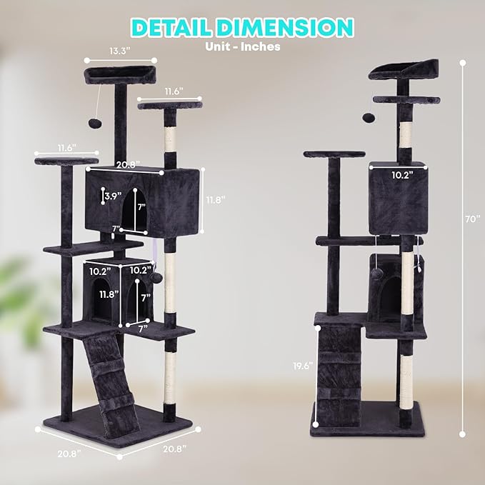 FDW Cat Tree 70in Cat Tower Multi-Level Durable Cat Scratching Post & Cozy Fun Cat Jumping Platform Space Saving Cat Condo Pet Play House for Indoor Cats,Ashy-PawvioPets