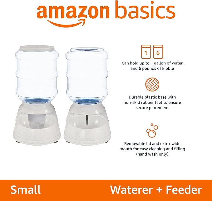 Amazon Basics Automatic Dog Cat Water Dispenser Gravity Feeder Set, Pack of 2, Small, 6-Pound Food Capacity, 1-Gallon, Gray-PawvioPets