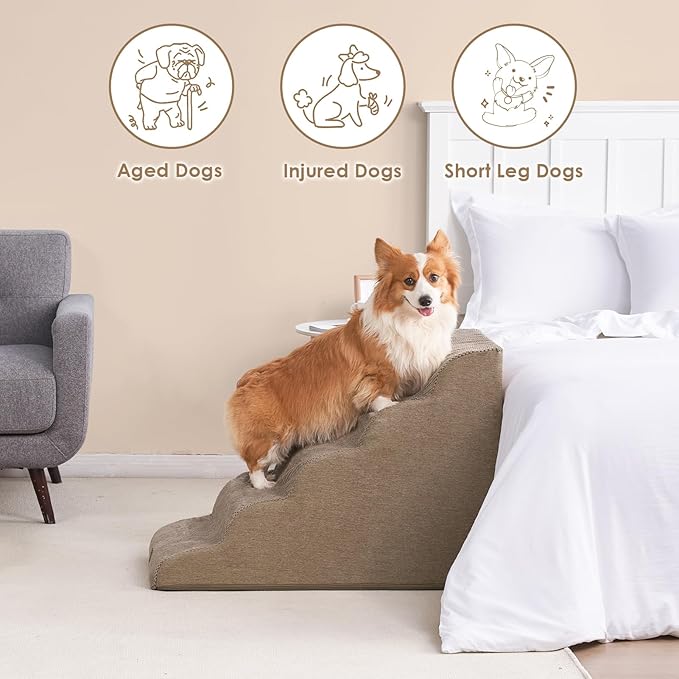 EHEYCIGA Curved Dog Stairs Ramp for High Beds, 5-Step Extra Wide Dog Steps for Small Dogs and Cats, Pet Stairs for High Bed Climbing, Non-Slip Balanced Pet Step Indoor, Camel-PawvioPets