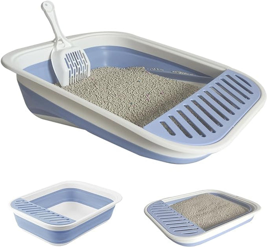 Collapsible Small Cat Litter Box,Kitten Open Potty Pan with Scoop Cat Toilet with Falling Sand Pedal Low Entrance Foldable Kittens Travel Litter Box Blue-PawvioPets