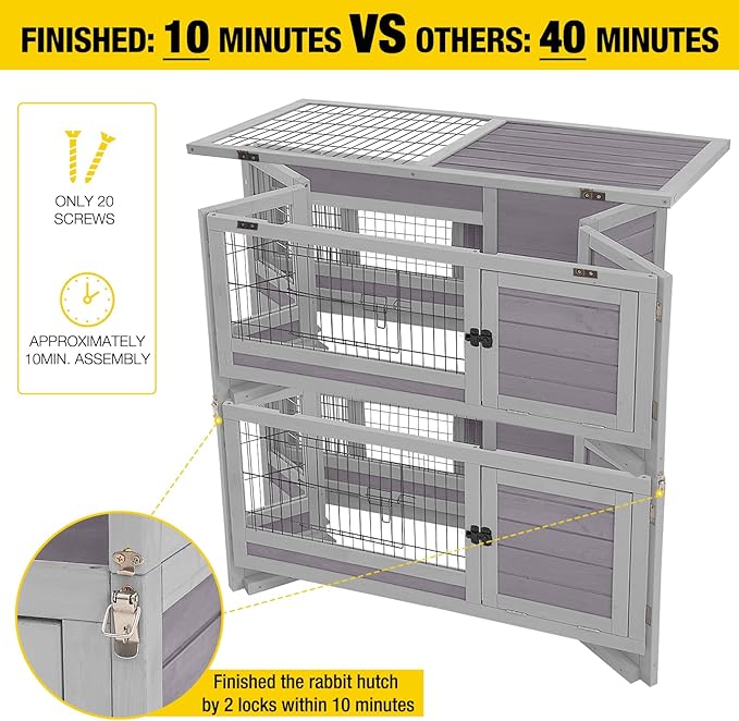 Aivituvin Large Rabbit Hutch Indoor and Outdoor Folding Bunny Cage on Wheels Guinea Pig Cage with Deep No Leak Pull Out Tray,Upgrade Version (Light Gray)-PawvioPets