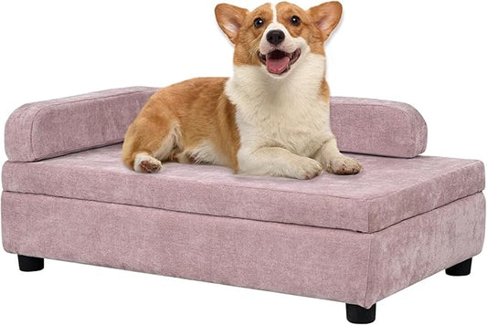 AFBKSS&BB Pet Sofa with Hidden Storage for Puppy and Cat,Linen Fabric Dog Sofa,Cat Couch with Wooden Frame (Pink)-PawvioPets