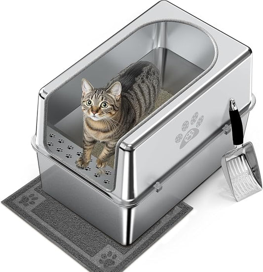 Enclosed Stainless Steel Cat Litter Box with Lid, Metal Litter Box for Big Cats, Extra Large Cat Toilet with High Side, Non-Stick, Anti-Leakage, Odorless, with Cats Litter Mat & Litter Scoop-PawvioPets