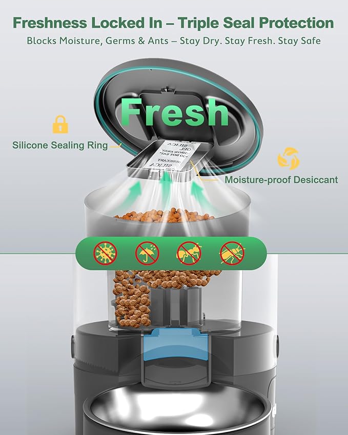 Gimars 5L Automatic Cat Feeder for 2 Cats, Programmable 1-6 Meals Cat Food Dispenser with Stainless Steel Bowl, Easy Setup, Dual Power Supply,10s Meal Call Timed Pet Feeder for Cats and Small Dogs-PawvioPets