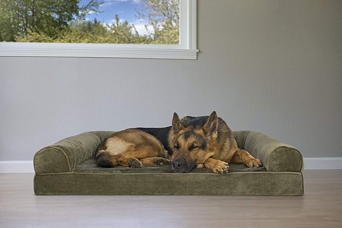 Furhaven Orthopedic Dog Bed for Large Dogs w/ Removable Bolsters & Washable Cover, For Dogs Up to 95 lbs - Faux Fur & Velvet Sofa - Dark Sage, Jumbo/XL-PawvioPets