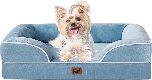 EHEYCIGA Orthopedic Dog Bed for Small Dogs, Waterproof Memory Foam Small Dog Beds with Sides, Non-Slip Bottom and Egg-Crate Foam Medium Pet Couch Bed with Washable Removable Cover, Washed Blue-PawvioPets