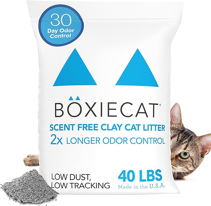 Boxie® Unscented 30 Day Odour Control Clumping Clay Cat & Kitty Litter 40 lb, 99.9% Dust-Free, Hard Flat Top® Clumps, No Fragrances No Fillers, Long-Lasting, Easy to Scoop-PawvioPets